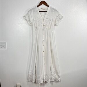 Vtg. Serendipity Maui Boho White Eyelet Dress Medium Lace-Up Corset Button Front